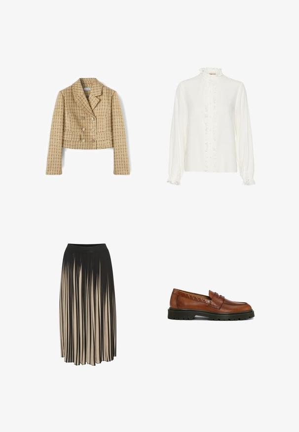Afkortet dobbeltradet blazer i beige og brunt ternet mønster med reverskrave og lange ærmer, lavet af tekstureret stof.; Hvid bluse med flæsefront, høj hals og lange ærmer. Lavet af et glat stof med knaplukninger ned gennem midten.; Fald midi med plissering i sort og beige med høj elastisk talje, der har lodrette striber og en strømlinet design, der giver bevægelse.; Brune læderloafers med tekstureret detalje; rund tå og syninger; robust sort gummiydersål for godt greb.