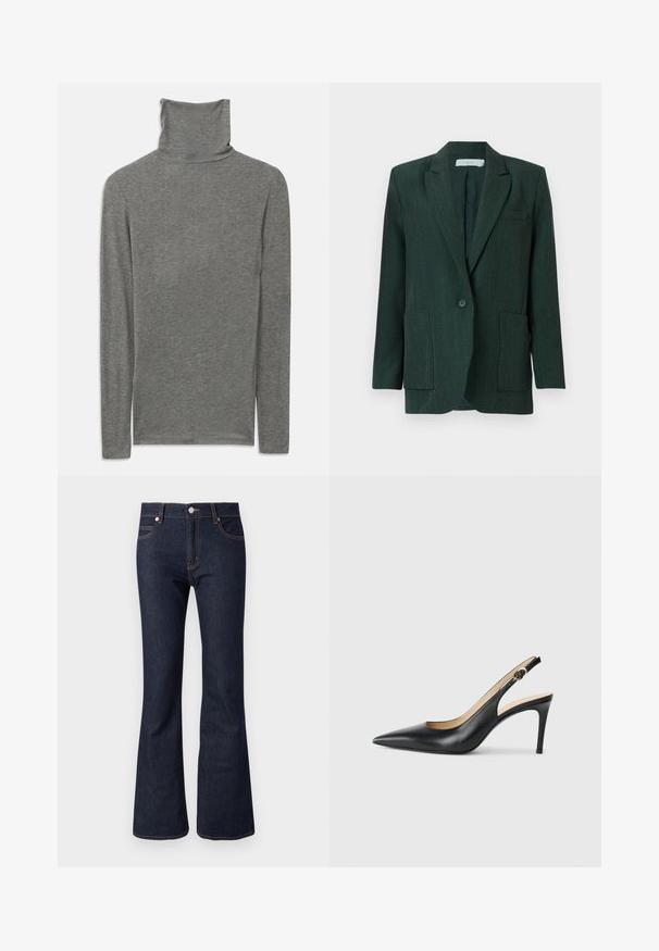 Donkergroene blazer van textuurstof, met een enkele knoopsluiting, schuin gelagde kleppen en twee voorzakken met klep.; Grijze langemouwen turtleneck shirt gemaakt van een zachte, gestructureerde stof. Heeft een hoge halsontwerp en een aansluitende pasvorm.; Donkere denim flared jeans met een hoge taille, voorzien van zichtbare stiksels, een knoopsluiting aan de voorkant en het standaard ontwerp met vijf zakken.; Zwarte leren slingback-hakken met een spitse neus, verstelbare band en een elegante stiletto-hak, met een gladde afwerking.
