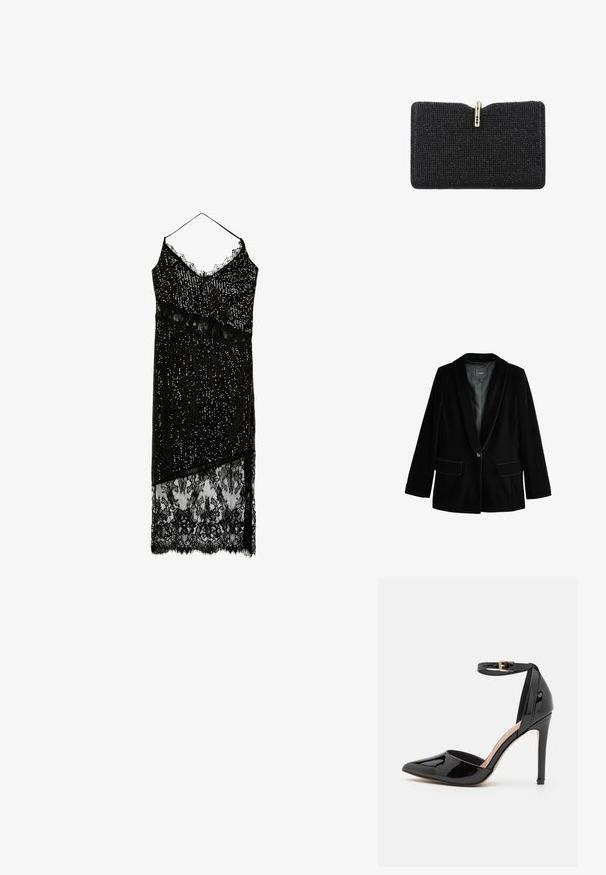 Sort fløjl blazer med fryseklap, enkelt knaplukning, to forlommer og glat indre foring. Skræddersyet pasform og blød tekstur.; Sort midikjole med palietter, tynde stropper, blonderkant ved udskæringen, skrå blondepanel og transparent blonderand.; Sorte patentlæder højhælede sko med spids tå, ankelrem og slank stiletthæl. Glat tekstur med skinnende finish.; Sort rektangulær clutch-taske dækket med små sorte perler med en guldlås, der har fire sorte sten.