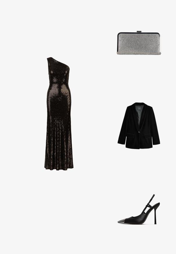 Schwarze Samtblazer mit Reverskragen, Ein-Knopf-Verschluss, zwei vorderen Taschen und glattem Innenfutter. Taillierte Passform und weicher Stoff.; Schwarz, einseitig trägerloses Kleid, das mit Pailletten bedeckt ist, figurbetonte Silhouette mit ausgestelltem Saum, glatte Textur, bodenlanger Schnitt und verdeckter Reißverschluss.; Schwarzer Slingback-Pump mit spitzem Zeh und glänzender metallischer Kappe. Verfügt über einen hohen Stiletto-Absatz und einen schmalen Knöchelriemen. Glatte Lederoberfläche.; Rechteckige silberne Clutch-Tasche, bedeckt mit kleinen Strasssteinen, mit einem schwarzen und silbernen Metallrahmen und einem Verschluss.