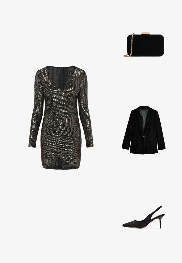 Sort fløjl blazer med fryseklap, enkelt knaplukning, to forlommer og glat indre foring. Skræddersyet pasform og blød tekstur.; Sort pailletkjole med lange ærmer, V-udskæring, rynket design og indpakket søm, med reflekterende pailletter arrangeret i lodrette linjer.; Sort slingback pumpe med spids tå, prydet med rhinsten. Har et strømlinet design, høj stilettosandalhæl og en glat indvendig foring.; Sort velour clutch med guldfarvede detaljer, rektangulær form og kædestrop, der har en glat tekstur og ingen synlige mønstre.