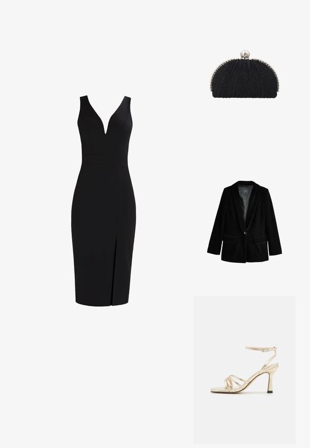 Blazer en velours noir avec un revers cranté, fermeture à un bouton, deux poches avant et doublure intérieure lisse. Coupe ajustée et texture douce.; Robe noire sans manches avec un décolleté en V profond, silhouette ajustée, longueur genou et une fente à l'avant pour un détail supplémentaire. Texture de tissu lisse.; Sandales à talons hauts dorées métalliques avec un bout carré, une sangle à la cheville et un talon fin. Elles présentent une texture lisse et un design minimaliste.; Pochette de soirée noire en tissu texturé, encadrée par une rangée de petites perles, avec un grand fermoir en perle sur le dessus.