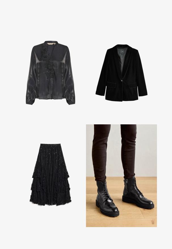 Blazer de terciopelo negro con solapa con muesca, cierre de un botón, dos bolsillos frontales y forro interior suave. Corte entallado y textura suave.; Culture CUFIOLA - Blusa - black; Falda negra de capas hecha de encaje texturizado, con volantes de acabado deshilachado y lentejuelas dispersas para un detalle adicional.; Botas negras de cuero hasta el tobillo con detalles de brogue, cordones en la parte delantera, cremalleras laterales y suelas de goma texturizadas. Combinadas con pantalones oscuros de corte slim.