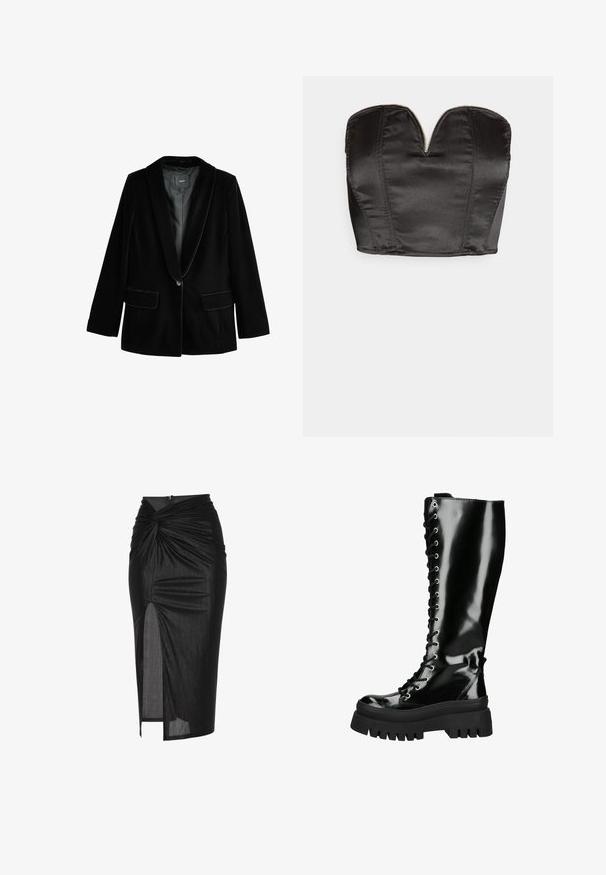 Sort fløjl blazer med fryseklap, enkelt knaplukning, to forlommer og glat indre foring. Skræddersyet pasform og blød tekstur.; Vero Moda VMSALLY CROPPED SIMILI CORSAGE - Top - black; Sort midi nederdel lavet af strækbart stof, med et snoet frontdesign, sideslids og lynlåslukning bagpå.; Høj sort laklæder kampstøvle med kraftig rillesål og snørelukning foran mod hvid baggrund.