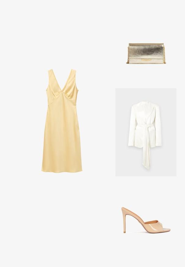 Witte, op maat gemaakte blazer met een enkele knoopsluiting, lange mouwen en een bijpassende ceintuurdetail. Glad, matweefsel; geen zichtbare patronen.; Mouwloze lichtgele satijnen jurk met diepe V-hals en subtiele naaddetails onder de borst, knielengte met een gladde textuur.; Beige patenten leren hoge hak mules met een open teen, gebogen riemontwerp en een stilettohak, met een subtiele gouden accentdetail.; Kleine metallic gouden leren clutch met gouden kettingriem en Ted Baker London-logo op de voorflap.
