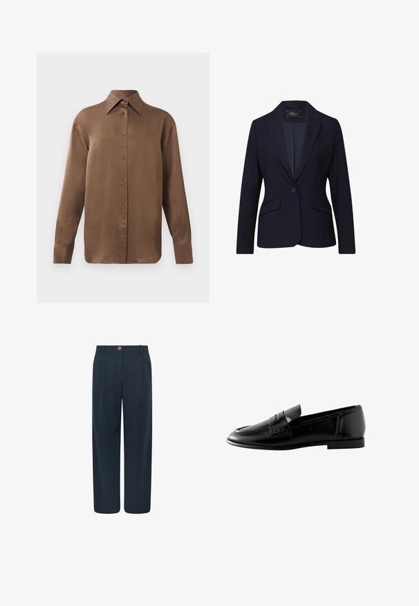 Marineblazer mit Ein-Knopf-Verschluss, Revers mit Kerbkragen, zwei Vorder Taschen und einer glatten Stoffstruktur. Leicht und maßgeschneidert.; Braunes Langarmhemd mit Knopfverschluss, spitzem Kragen und Manschetten, vor einem schlichten weißen Hintergrund präsentiert.; Marinefarbene weite Hosen aus glattem Stoff, mit einem vorderen Knopfverschluss, zwei Falten und Gürtelschlaufen, geeignet für verschiedene Anlässe.; Schwarze Lederloafer mit runder Zehenform, dekorativer Naht und einem Überzug. Glatte Oberfläche und niedriger Absatz.