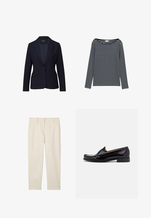 Marineblauwe blazer met een enkele knoopsluiting, ingesneden revers, twee voorzakken en een gladde stoftextuur. Lichtgewicht met een getailleerde pasvorm.; Navy en witte gestreepte langarmshirt met een brede halslijn, gemaakt van een zacht materiaal, met gelijkmatig verdeelde horizontale strepen.; Marc O'Polo MODERN STYLE TAPERED LEG HIGH RISE WELT POCKET - Chino - chalky sand; Zwarte leren mokassin met een glanzende afwerking, voorzien van franjes aan de voorkant en een lage gestapelde hak.