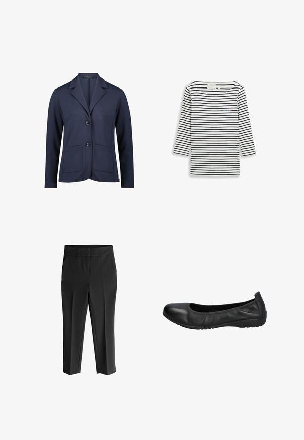 Marineblazer med skræddersyet design, to forlommer, spids revers og to knaplukninger. Fremstillet af glat, medium tungt stof.; Langærmet bomuldsskjorte med marineblå og hvide vandrette striber, med et lille broderet logo på brystet, rund halsudskæring, afslappet pasform.; Sorte, strækbare bukser med en bred elastisk talje. Har en lige pasform og sideskår ved anklen for øget bevægelsesfrihed.; Sorte læder balletflade med rund tå, glat overflade og en let elastisk kant for komfort. Gummisål for godt greb.