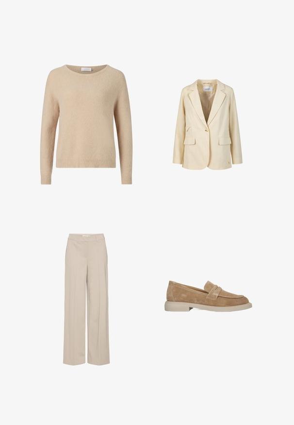 Blazer beige pour femme à un bouton, avec revers crantés, deux poches à rabat devant et manches longues, étiquette Coster.; Pull en tricot beige avec un col rond, des manches longues et un ourlet côtelé. Texture douce et coupe décontractée. Étiquette visible au niveau du col.; Pantalons larges beiges avec un devant plat, design ajusté, plis et passants de ceinture. Fabriqués en tissu léger, adaptés à diverses occasions.; Mocassins en daim brun avec un bout arrondi, détail de sangle décorative et une semelle en caoutchouc épaisse de couleur claire. Surface finement texturée.