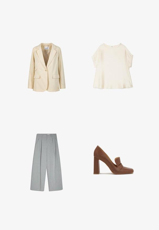 Beige singleknaps women's blazer med hakkede revers, to frontlommer med klap og lange ærmer, mærket Coster.; Løs kortærmet bluse i cremefarve med rund halsudskæring og op rullede manchetter på neutral baggrund.; Grå plisserede bukser lavet af tekstureret stof, med sidelommer, bredt ben og en ren, skræddersyet silhuet.; Brun læder højhælet sko med firkantet tå og en bred rem på tværs foran. Hælen er blokformet og solid.