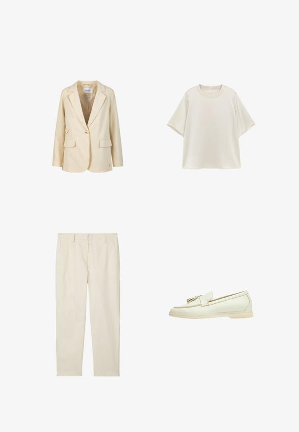 Beiger Damenblazer mit einem Knopf, gekerbtem Revers, zwei vorderen Pattentaschen und langen Ärmeln, mit dem Etikett Coster.; Schlichtes hellbeiges T-Shirt mit kurzen Ärmeln und Rundhalsausschnitt, mit lockerer Passform, flach auf weißem Hintergrund präsentiert.; Marc O'Polo MODERN STYLE TAPERED LEG HIGH RISE WELT POCKET - Chino - chalky sand; Weiße Leder-Slipper mit runder Spitze, dekorativem Schleifenakzent und beigem Gummisohle. Glatte Textur und minimale Details.