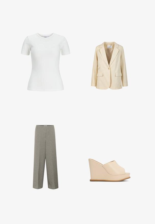 Beige damesblazer met één knoop, kentkraag, twee voorste kleppen en lange mouwen, gelabeld Coster.; Witte geribbelde t-shirt met korte mouwen en ronde halslijn, met een getailleerd ontwerp. Gemaakt van een soepele stof, geschikt voor laagjes of casual draag.; Soaked in Luxury SLLILU WIDE LONG - Broek - grey melange suiting; Beige leren sleehak muil met open teen en instapontwerp, voorzien van een hoge plateauzool en een bruin gestikte loopzool.