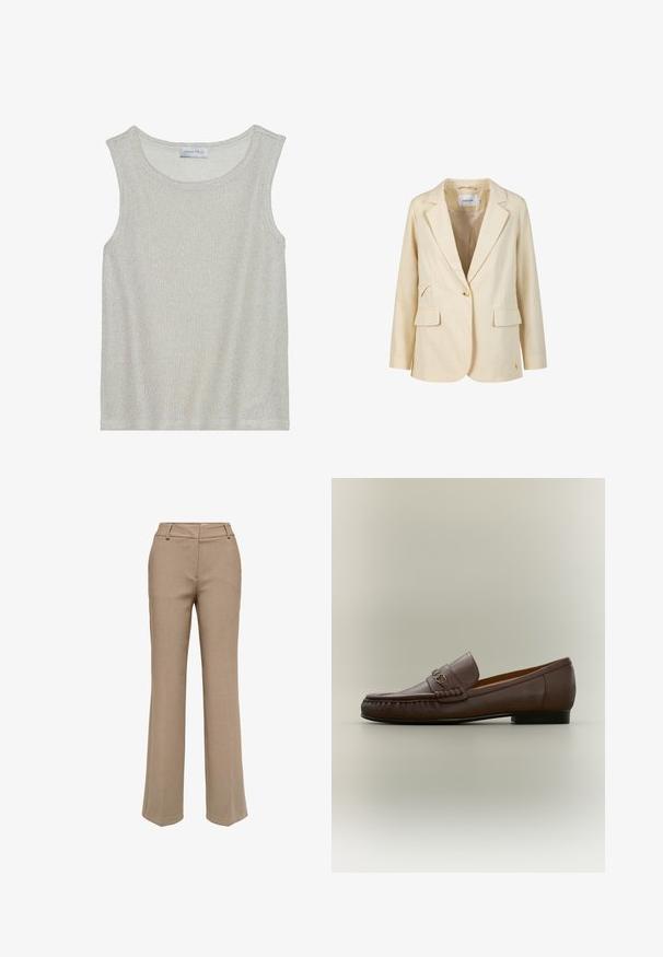 Blazer beige pour femme à un bouton, avec revers crantés, deux poches à rabat devant et manches longues, étiquette Coster.; Haut sans manches gris clair en tissu tricoté doux et texturé. Présente un col rond et une coupe ample. L'étiquette indique "ANNA FIELD" à l'intérieur.; Pantalon beige à jambes droites avec passants pour ceinture et fermeture éclair devant, présenté sur fond blanc.; Mocassin en cuir marron avec détail métallique à l'avant et un petit talon noir, vu de profil sur un fond neutre.