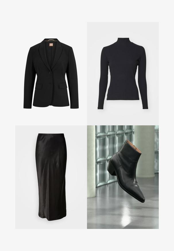 Zwarte blazer met een enkele knoopsluiting, geknipte revers, twee voorkoeken en een gladde stoftextuur. De binnenkant heeft een label.; Zwarte geribde coltrui met lange mouwen. Gemaakt van rekbare stof met een getailleerde pasvorm en hoge kraag. Eenvoudig ontwerp zonder versieringen.; Zwarte satijnen rok met een gladde textuur. Vloerlange uitvoering met een strakke taille en een lichte flare aan de zoom. Geen zichtbare patronen of hardware.; Zwarte leren enkellaars met een spitse neus en blokhak die zweeft boven een reflecterende grijze vloer nabij een glazen blokmuur.