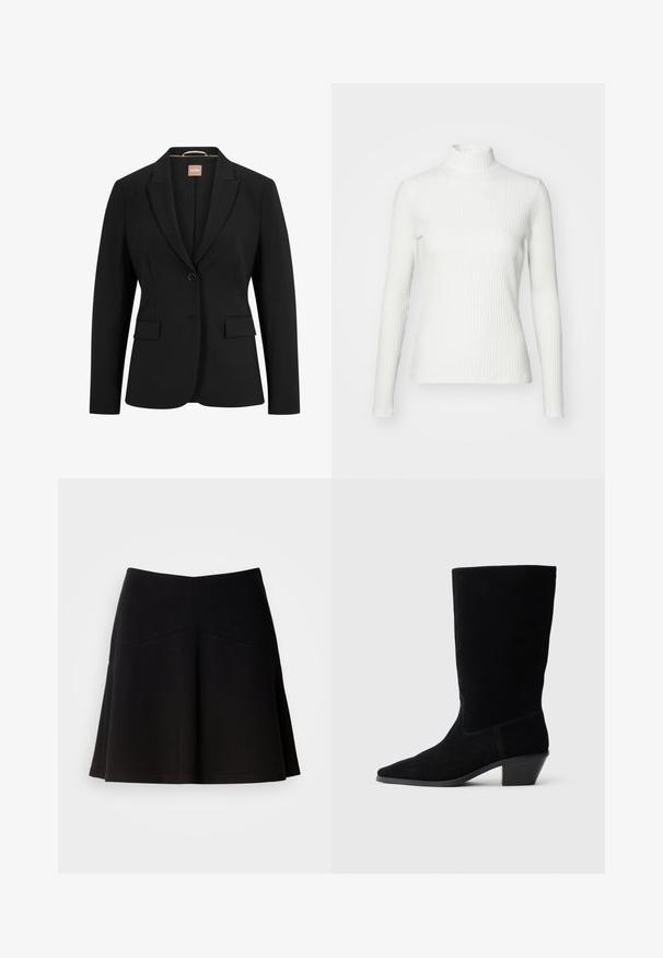Sort blazer med en enkelt knaplukning, slå-om krave, to forlommer og en glat stoftekstur. Indvendigt er der et mærke.; Hvid ribbet turtleneck blouse med lange ærmer, lavet af elastisk stof. Har et tætsiddende design og høj hals for god dækning.; Sort flagrende nederdel lavet af blødt stof, med en tætsiddende talje og sømdetaljer. Glat tekstur med et enkelt, klassisk design.; Sort ruskind ankelstøvle med spidse tæer, mellemhøj skaft og en chunky hæl. Fuldender et minimalistisk design med lidt syninger og en glat tekstur.