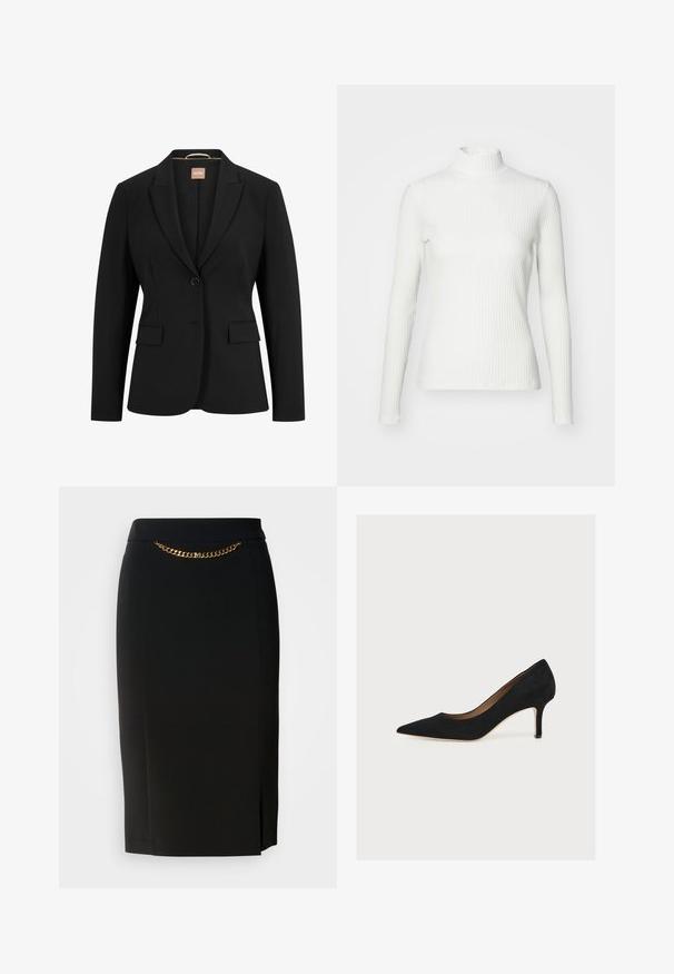 Sort blazer med en enkelt knaplukning, slå-om krave, to forlommer og en glat stoftekstur. Indvendigt er der et mærke.; Hvid ribbet turtleneck blouse med lange ærmer, lavet af elastisk stof. Har et tætsiddende design og høj hals for god dækning.; Sort blyantskirt med et lille slids, der har en guld kædedetalje ved livet. Lavet af et glat, strækbart stof for komfort.; Sort ruskindspumpe med spids snude, mellemhøj stiletthæl og tan indersål på en lys baggrund.