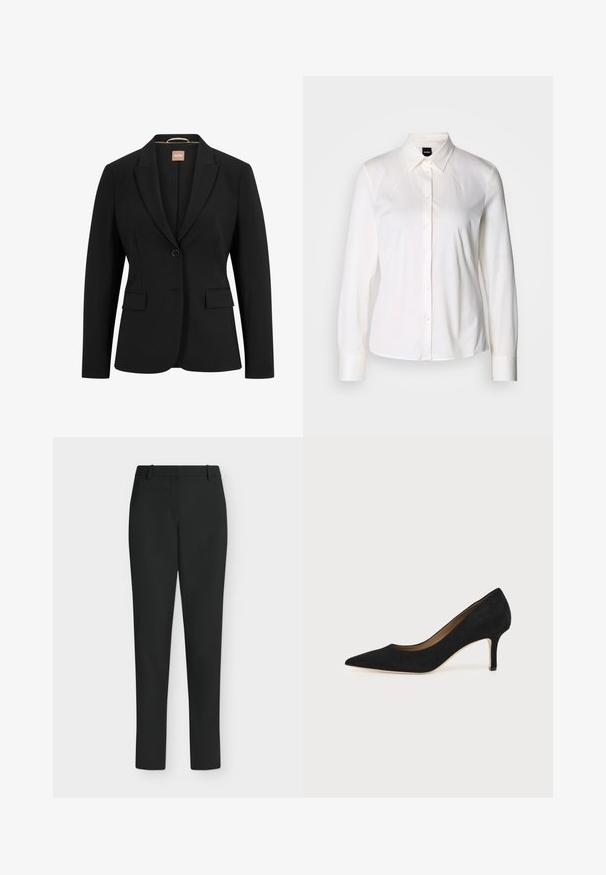 Sort blazer med en enkelt knaplukning, slå-om krave, to forlommer og en glat stoftekstur. Indvendigt er der et mærke.; Hvid langærmet skjorte med knapper og klassisk krave lavet af blødt bomuldsstof, med en slim fit og et enkelt design uden mønstre.; Sorte, tætsiddende bukser med bæltestropper, forlynlås og lige ben, vist mod en hvid baggrund.; Sort ruskind spids tå højhælet pumpe med en slank mellemhøj stilethæl og et lavt snit på en ensfarvet baggrund.