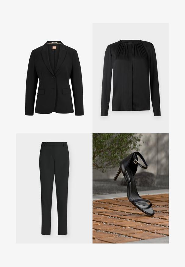 Zwarte blazer met een enkele knoopsluiting, geknipte revers, twee voorkoeken en een gladde stoftextuur. De binnenkant heeft een label.; Zwarte blouse met lange mouwen van een gladde stof, met een ronde hals en subtiele plooien bij de schouders. Heeft een rechte snit en een knoopsluiting aan de voorkant.; Zwarte slim fit broek met riemlussen, voorrits en rechte pijpen, getoond tegen een witte achtergrond.; Zwarte hoge hak sandaal met enkelbandje zweeft boven een houten tegelvloer buiten, met een onscherpe groene en stenen achtergrond.