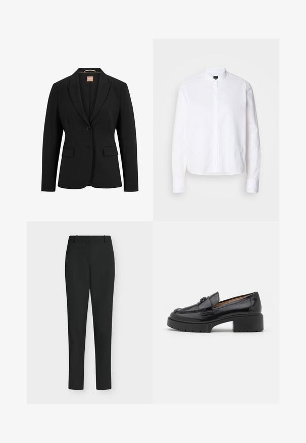 Blazer negro con un cierre de un solo botón, solapas con muesca, dos bolsillos delanteros y una textura de tela suave. El interior tiene una etiqueta.; Camisa blanca de cuello con pliegue frontal, de mangas largas y puños con botón. Fabricada en un suave tejido de algodón con un corte estructurado.; Pantalones negros de corte ajustado con trabillas para cinturón, cremallera frontal y piernas rectas, mostrados sobre un fondo blanco.; Mocasín de cuero negro con tacón bajo, punta redondeada, correa decorativa y detalle de costura texturizada en la parte superior. Acabado suave.