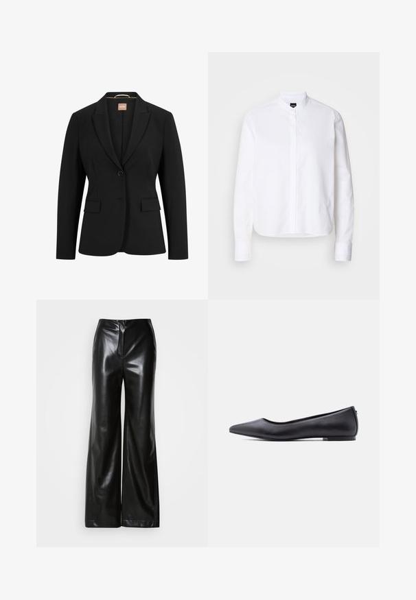 Blazer negro con un cierre de un solo botón, solapas con muesca, dos bolsillos delanteros y una textura de tela suave. El interior tiene una etiqueta.; Camisa blanca de cuello con pliegue frontal, de mangas largas y puños con botón. Fabricada en un suave tejido de algodón con un corte estructurado.; Pantalones de piel negros de pierna ancha con textura suave, cintura alta y cierre frontal oculto. Ajuste entallado con un acabado limpio.; Zapato plano de cuero negro con punta puntiaguda y tacón bajo, mostrado de perfil contra un fondo blanco.