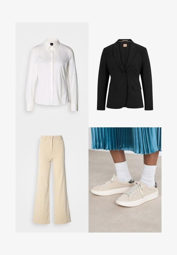 Blazer noir avec une fermeture à un bouton, des revers crantés, deux poches avant et une texture de tissu lisse. L'intérieur comporte une étiquette.; Chemise blanche à manches longues avec col classique en tissu coton doux, présentant une coupe ajustée et un design simple sans motifs.; Jeans beige à jambes larges avec taille haute, poches avant, et couture contrastée, dotés d'une fermeture à bouton et d'une texture en coton lisse.; Des baskets en daim beige avec une semelle en caoutchouc blanc et un design à lacets. Accent ué d'un arrière en tab noir texturé. Portées avec des chaussettes blanches côtelées.