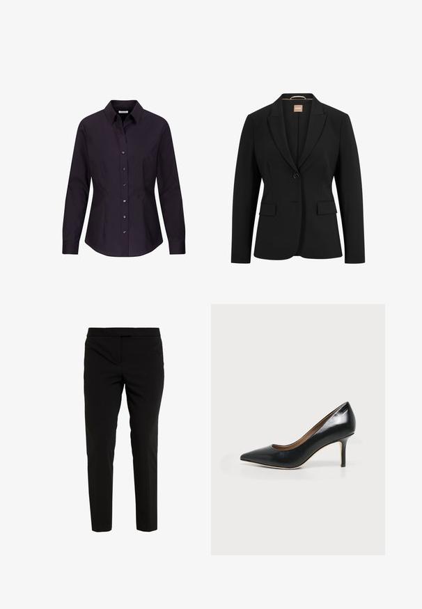 Sort blazer med en enkelt knaplukning, slå-om krave, to forlommer og en glat stoftekstur. Indvendigt er der et mærke.; Sort, langærmet, figursyet dame skjorte med knapper, krave og sømdetaljer på siderne, vist på hvid baggrund.; Nederdele i sort, tapered snit lavet af et glat stof, med flad front, sidelommer og et rent silhuet. Ingen synlige lukninger.; Sort læderhøjhælet sko med spids tå, slank kitten-hæl og en glat, skinnende finish på hvid baggrund.