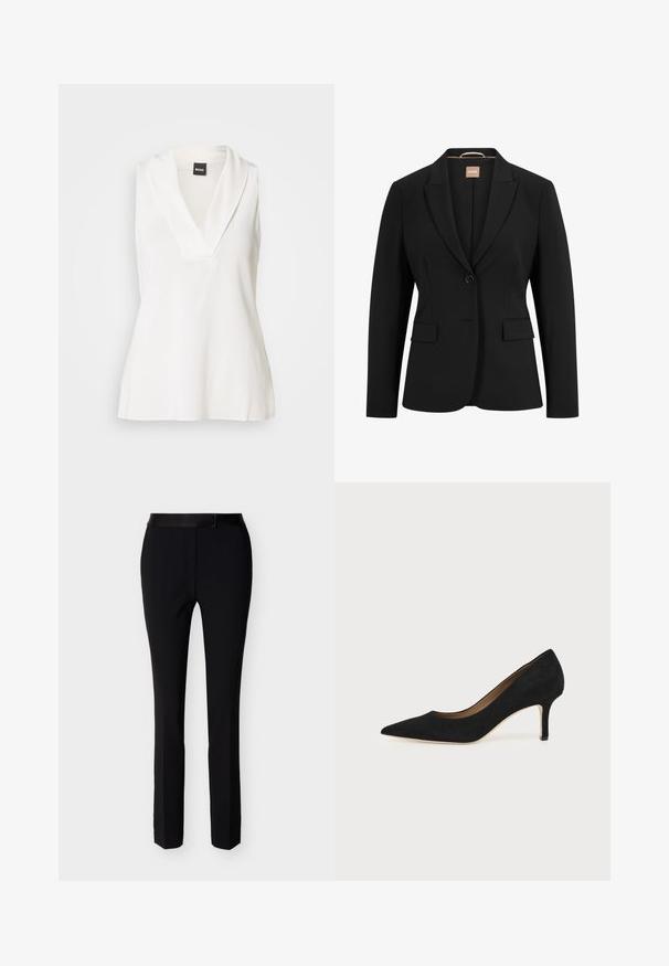 Blazer noir avec une fermeture à un bouton, des revers crantés, deux poches avant et une texture de tissu lisse. L'intérieur comporte une étiquette.; Haut blanc sans manches avec un col en forme de V, doté d'un col drapé et d'une texture lisse légèrement brillante. Idéal pour être superposé.; Pantalon slim noir formel avec fermeture éclair à l'avant et taille avec ceinture, conçu pour un look ajusté et soigné.; Escarpin en daim noir à bout pointu avec un talon stiletto fin de hauteur moyenne et un design à coupe basse sur un fond uni.
