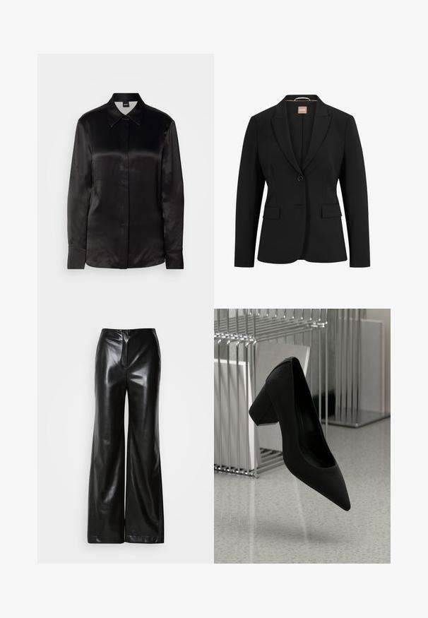 Schwarze Blazer mit einem einzelnen Knopfverschluss, mit Reverskragen, zwei vorderen Taschen und einer glatten Stoffstruktur. Das Innenfutter hat ein Etikett.; Schwarze Satin-Hemd mit langen Ärmeln, spitzem Kragen, vorderem Knopfverschluss und Manschetten. Glatte Textur und minimalistisches Design.; Schwarze Lederweite-Hosen mit glatter Textur, hohem Bund und verdecktem Reißverschluss an der Vorderseite. Maßgeschneiderte Passform mit sauberem Finish.; Schwarzer High-Heel-Schuh mit spitzem Zehenbereich und blockiertem Absatz, aus strukturiertem Leder, über einem glatten Boden schwebend.