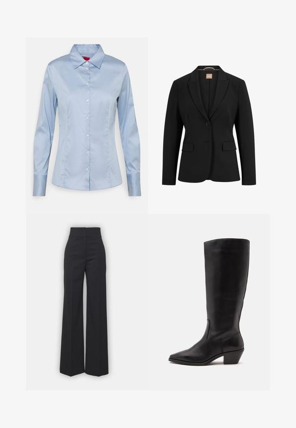 Zwarte blazer met een enkele knoopsluiting, geknipte revers, twee voorkoeken en een gladde stoftextuur. De binnenkant heeft een label.; Lichtblauw button-up shirt van gladde stof, met een klassieke kraag, lange mouwen en een rechte pasvorm met subtiele stikseldetails.; Wijdvallende broek in zwarte stof met een hoge tailleband, met een schone afwerking en een gladde textuur. Geen zichtbare hardware of patronen.; Zwarte leren laars tot half op de kuit met een puntige neus en een lage schuine hak op een effen lichte achtergrond.
