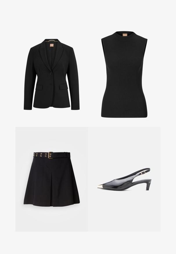 Zwarte blazer met een enkele knoopsluiting, geknipte revers, twee voorkoeken en een gladde stoftextuur. De binnenkant heeft een label.; Mouwloze zwarte geribbelde top met een hoge halslijn en een aansluitende pasvorm, gemaakt van rekbaar materiaal. Bevat minimale branding op de hals.; Zwarte geplisseerde rok met een brede riem met gouden metalen hardware en oogjes, gemaakt van soepel materiaal, ontworpen voor een getailleerde pasvorm.; Zwarte gepatineerde leren slingback hak met een spitse neus, metallic gouden kapdetail en een middelgrote blokhak. Inclusief verstelbare enkelband.