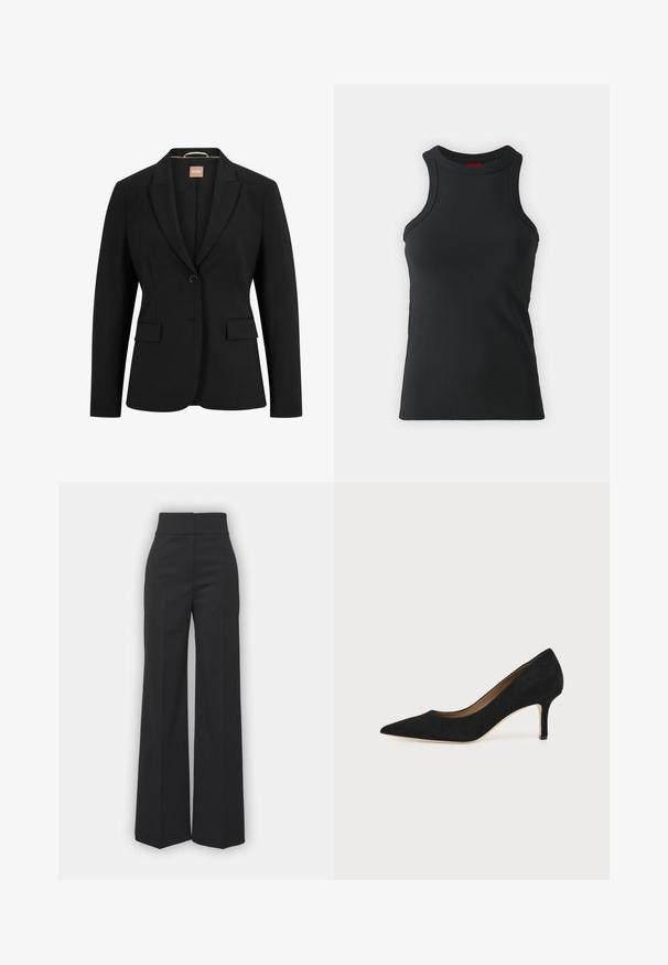 Sort blazer med en enkelt knaplukning, slå-om krave, to forlommer og en glat stoftekstur. Indvendigt er der et mærke.; Sort ærmeløs tanktop lavet af strækbart stof. Har en rund hals og en tætsiddende silhuet med minimale syninger.; Bredbenede bukser i sort stof med høj talje, der har en ren finish og glat tekstur. Ingen synlige detaljer eller mønstre.; Sort ruskind spids tå højhælet pumpe med en slank mellemhøj stilethæl og et lavt snit på en ensfarvet baggrund.