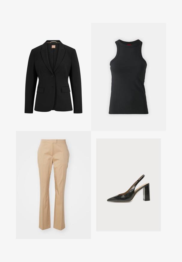 Blazer noir avec une fermeture à un bouton, des revers crantés, deux poches avant et une texture de tissu lisse. L'intérieur comporte une étiquette.; Débardeur sans manches noir en tissu extensible. Présente un col rond et une silhouette ajustée avec des détails de couture minimaux.; Pantalons beiges ajustés avec une coupe droite, fabriqués en tissu lisse, présentant un devant plat et sans poches visibles.; Chaussure slingback femme en cuir noir avec bout pointu et talon bloc épais et haut sur fond blanc.