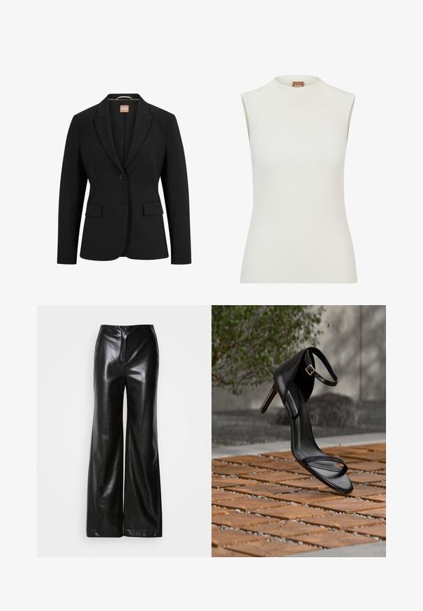 Schwarze Blazer mit einem einzelnen Knopfverschluss, mit Reverskragen, zwei vorderen Taschen und einer glatten Stoffstruktur. Das Innenfutter hat ein Etikett.; Weißes, ärmelloses Oberteil mit hohem Kragen, das eine gerippte Textur und eine figurbetonte Passform aufweist. Das Markenlabel "BOSS" ist am Kragen sichtbar.; Schwarze Lederweite-Hosen mit glatter Textur, hohem Bund und verdecktem Reißverschluss an der Vorderseite. Maßgeschneiderte Passform mit sauberem Finish.; Schwarze Sandalette mit hohem Absatz und Knöchelriemen schwebt über einem Holzboden im Freien vor verschwommenem Grün und Steinhintergrund.