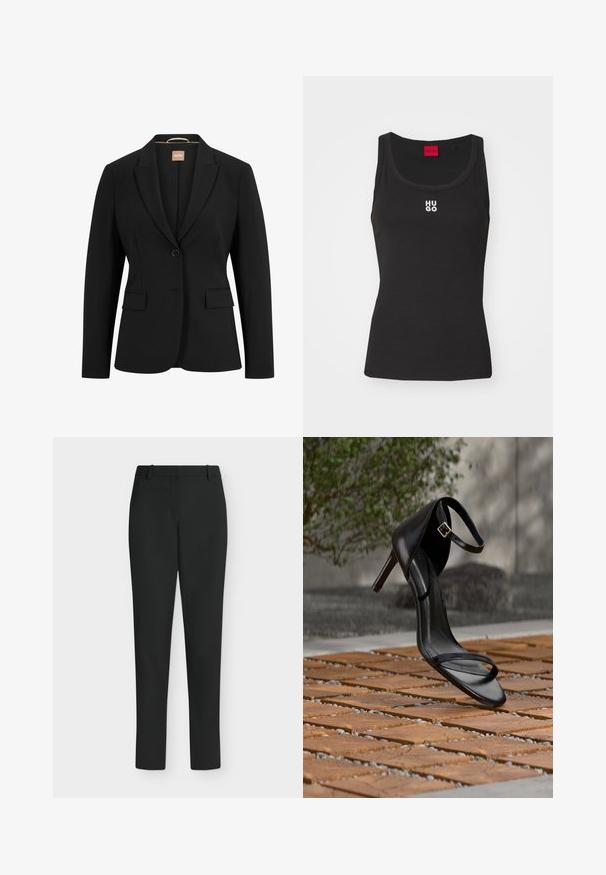 Blazer negro con un cierre de un solo botón, solapas con muesca, dos bolsillos delanteros y una textura de tela suave. El interior tiene una etiqueta.; Top sin mangas negro de algodón con escote redondo. Presenta el logo blanco "HUGO" en el centro. Diseño simple y ajustado.; Pantalones negros de corte ajustado con trabillas para cinturón, cremallera frontal y piernas rectas, mostrados sobre un fondo blanco.; Sandalia negra de tacón alto con correa en el tobillo, parece suspendida sobre un suelo de baldosas de madera al aire libre, con un fondo difuminado de vegetación y piedra.