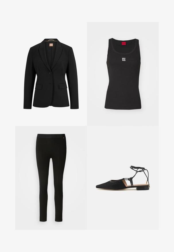 Schwarze Blazer mit einem einzelnen Knopfverschluss, mit Reverskragen, zwei vorderen Taschen und einer glatten Stoffstruktur. Das Innenfutter hat ein Etikett.; Schwarzes Tanktop aus Baumwolle mit rundem Ausschnitt und ohne Ärmel. Mit weißem "HUGO"-Logo in der Mitte. Einfaches und tailliertes Design.; Schwarze Leggings mit glatter Textur, ausgestattet mit einem flexiblen Bund und dezenten Nahtdetails. Keine Muster oder Hardware vorhanden.; Schwarze flache Schuhe mit einer spitzen Zehe, strukturiertem Obermaterial, Knöchelbindern und einem niedrigen Blockabsatz. Das Material weist ein dezentes Muster auf.