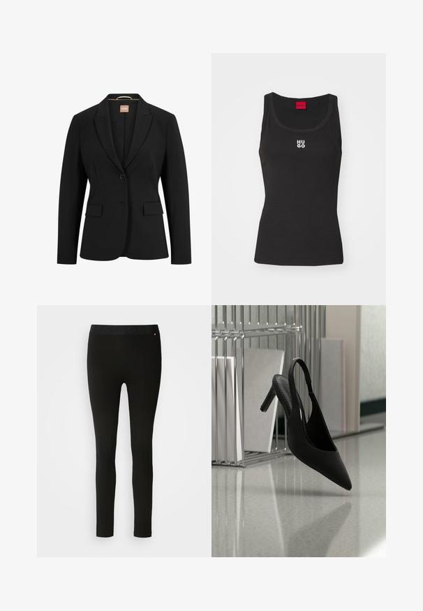Blazer negro con un cierre de un solo botón, solapas con muesca, dos bolsillos delanteros y una textura de tela suave. El interior tiene una etiqueta.; Top sin mangas negro de algodón con escote redondo. Presenta el logo blanco "HUGO" en el centro. Diseño simple y ajustado.; Leggings negros con una textura suave, que cuentan con una cinturilla flexible y sutiles detalles en las costuras. Sin patrones ni elementos de hardware presentes.; Zapato de tacón alto negro con punta afilada y tira en el talón, suspendido en el aire sobre un suelo brillante con carpetas apiladas en el fondo.