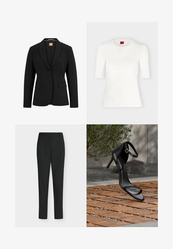 Blazer negro con un cierre de un solo botón, solapas con muesca, dos bolsillos delanteros y una textura de tela suave. El interior tiene una etiqueta.; Camiseta blanca ajustada de manga corta con escote redondo y etiqueta de marca roja en el interior del cuello.; Pantalones negros de corte ajustado con trabillas para cinturón, cremallera frontal y piernas rectas, mostrados sobre un fondo blanco.; Sandalia negra de tacón alto con correa en el tobillo, parece suspendida sobre un suelo de baldosas de madera al aire libre, con un fondo difuminado de vegetación y piedra.
