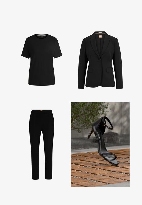 Blazer noir avec une fermeture à un bouton, des revers crantés, deux poches avant et une texture de tissu lisse. L'intérieur comporte une étiquette.; T-shirt noir à manches courtes en coton doux, avec un col rond et une texture lisse. Design simple sans motifs ni accents.; Pantalons de yoga noirs en tissu extensible avec une texture lisse, une silhouette ajustée et une taille confortable. Pas de matériel visible ni de motifs.; Sandale noire à talon haut avec sangle à la cheville, suspendue au-dessus d'un sol en carreaux de bois à l'extérieur, avec un arrière-plan flou de verdure et de pierre.