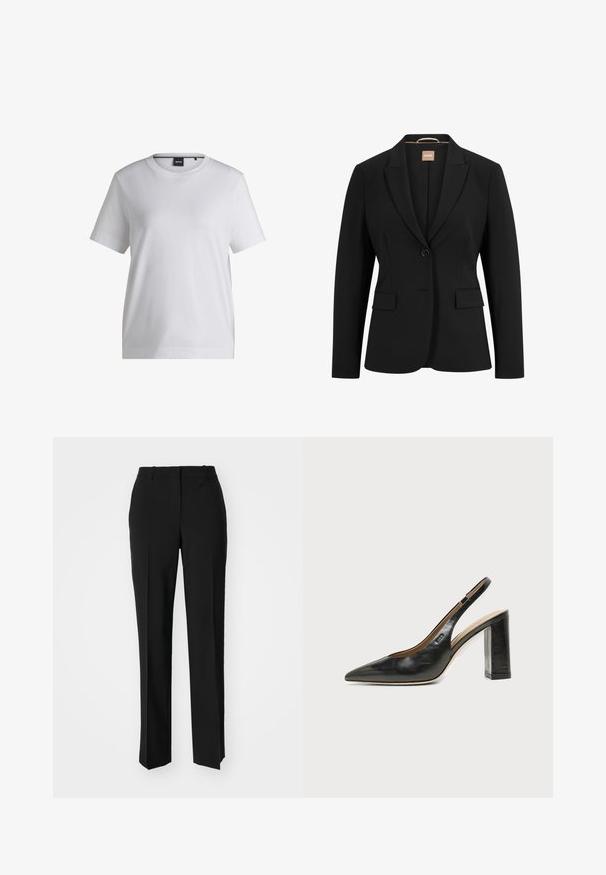 Zwarte blazer met een enkele knoopsluiting, geknipte revers, twee voorkoeken en een gladde stoftextuur. De binnenkant heeft een label.; Witte katoenen t-shirt met een ronde halslijn, korte mouwen en een ontspannen pasvorm. Heeft een klein merketiket nabij de kraag.; Zwarte op maat gemaakte broek met een recht model, voorzien van een soepele textuur en scherpe plooien aan de voorkant. Geen zichtbare hardware.; Zwarte leren slingback schoen met spits toelopend neusje, hoge blokhak en beige binnenvoering tegen een effen lichte achtergrond.