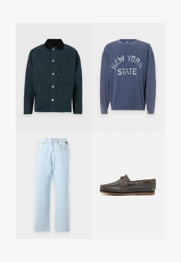 Veste vert foncé avec un col en velours côtelé, deux poches avant et cinq boutons en métal pour la fermeture. Design simple avec des lignes nettes.; Sweatshirt à manches longues bleu marine en tissu doux, avec un graphique texturé "NEW YORK STATE" en argent sur la poitrine.; Jeans en denim bleu clair avec une coupe droite. Comprend une fermeture à bouton et à zip, cinq poches et des coutures contrastées.; Bateau en cuir marron foncé avec un profil bas, comportant des œillets en laiton et des coutures contrastées, une semelle en caoutchouc plate et une finition texturée.