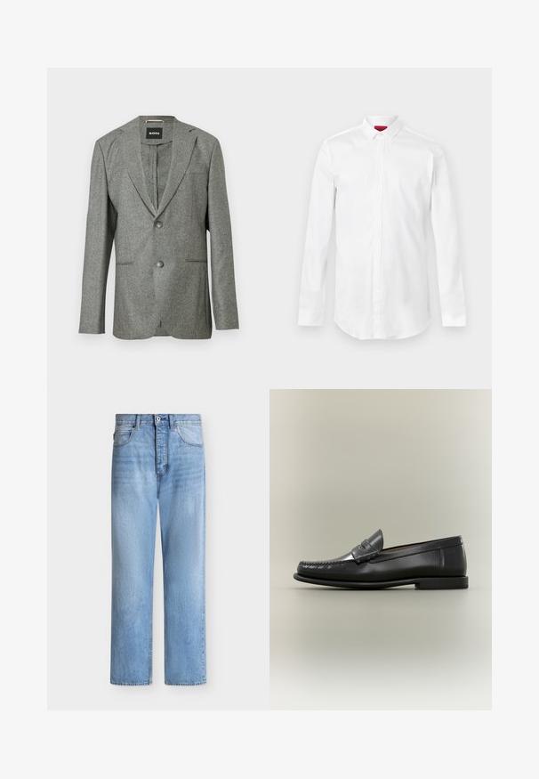 Blazer gris texturé avec un col cranté, deux poches avant et deux boutons. Étiquette de la marque "BOSS" visible à l'intérieur. Coupe ajustée.; Chemise blanche à manches longues avec col pointu et patte de boutonnage cachée, présentée sur un fond clair uni.; Jean droit en denim bleu clair avec fermeture par bouton et zip, poches avant et arrière, et passants de ceinture à la taille.; Mocassin pour homme en cuir noir avec un design moc-toe, une lanière à monnaie et un talon bas sur un fond neutre.