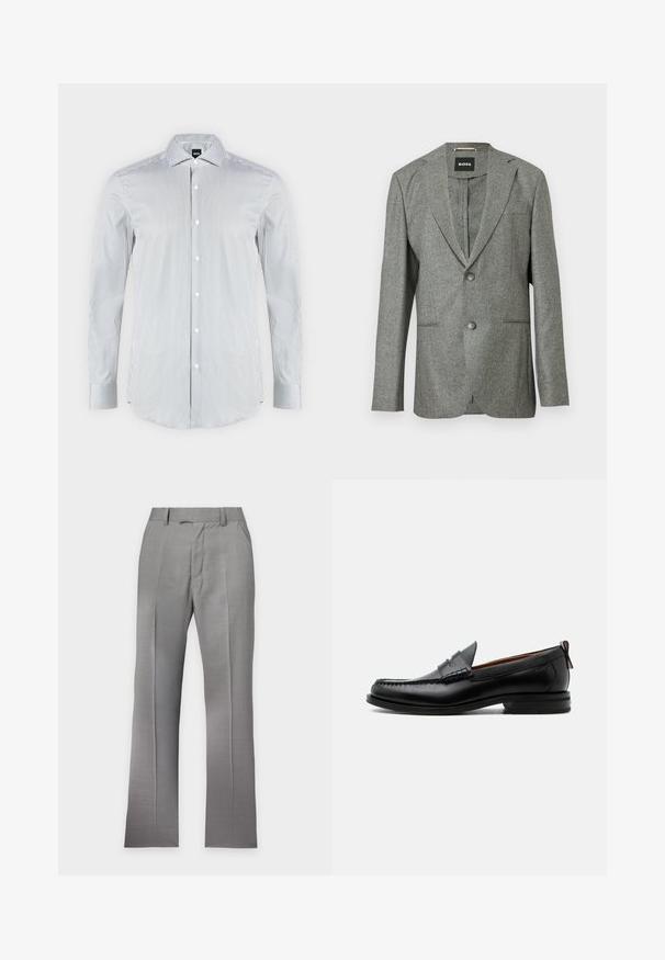 Blazer gris texturé avec un col cranté, deux poches avant et deux boutons. Étiquette de la marque "BOSS" visible à l'intérieur. Coupe ajustée.; Chemise blanche avec fines rayures verticales noires, manches longues, fermeture boutonnée devant et col pointu.; Pantalon formel gris clair avec plis, poches avant, passants de ceinture et fermeture avant cachée, présenté sur un fond blanc uni.; Mocassin homme en cuir noir avec couture moc toe, bride penny, col texturé et petit talon empilé sur fond blanc.