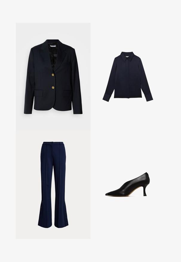 Marineblazer med guldknapper, hakkede reverser, to forlommer og et tekstureret sort for. Skræddersyet pasform og struktureret design.; Marineblå skjorte med lange ærmer, knapper foran, brede manchetter og klassisk krave, lagt fladt på hvid baggrund.; Marineblå viddebenede bukser med for-platiks, knaplukning i taljen og knapdetaljer langs de nederste ydre sider af benene.; Sorte læder højhælede sko med spids tå og en slank, buet hæl. Har en glat tekstur og et minimalistisk design.