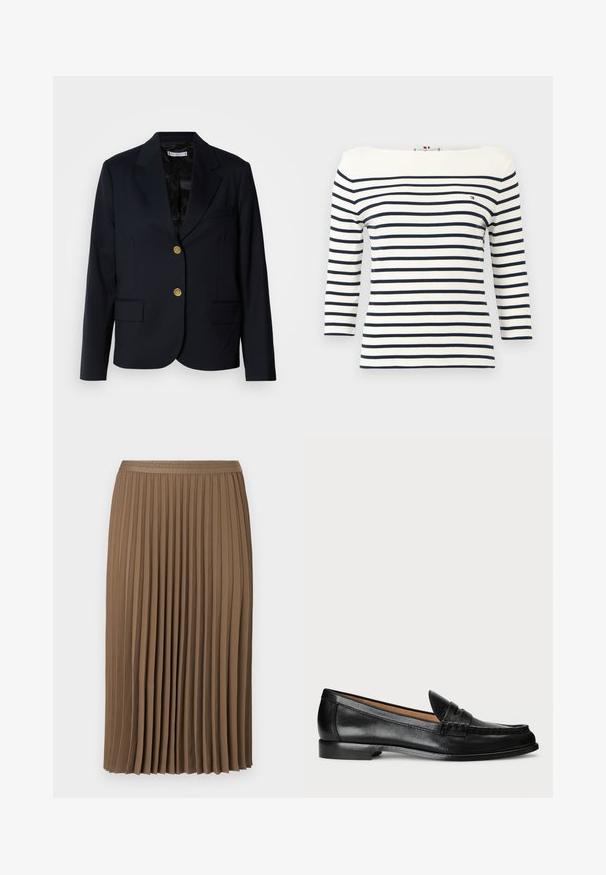 Blazer bleu marine avec boutons dorés, revers crantés, deux poches avant et une doublure noire texturée. Coupe cintrée et design structuré.; Chemise blanche à manches longues avec des rayures horizontales bleu marine et un petit logo Tommy Hilfiger sur la poitrine gauche.; Jupe plissée marron en tissu doux, dotée d'une taille texturée avec un motif géométrique. Le design est de longueur midi et tombe doucement.; Lauren Ralph Lauren WYNNIE - Chaussons - black