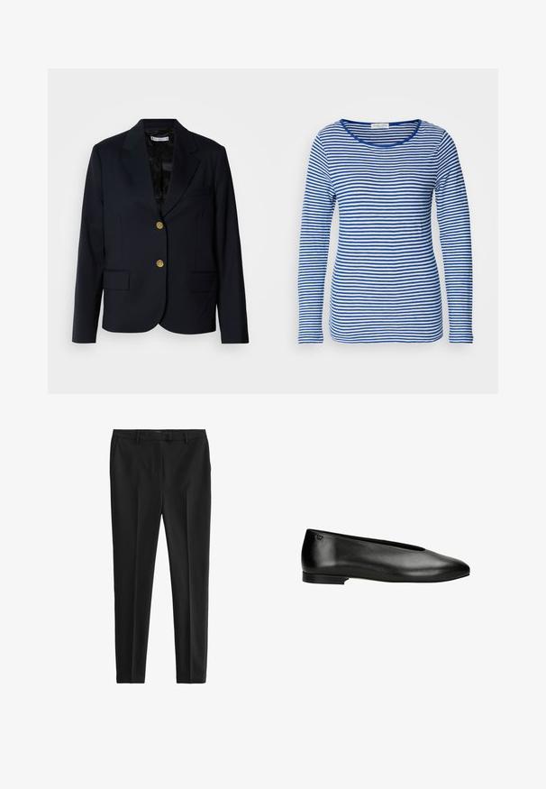 Blazer bleu marine avec boutons dorés, revers crantés, deux poches avant et une doublure noire texturée. Coupe cintrée et design structuré.; Chemise à manches longues avec un col rond, présentant des rayures horizontales bleues et blanches alternées. Fabriquée en tissu doux et léger.; Pantalon noir sur mesure en tissu lisse. Présente un devant plat, des poches latérales et une coupe ajustée. Style épuré et minimaliste.; Ballerines en cuir noir avec un bout rond, un talon bas et un logo discret sur le talon. Texture lisse, design minimaliste.