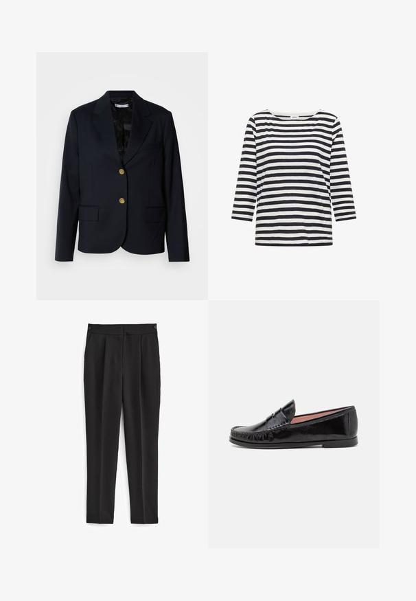 Marineblazer med guldknapper, hakkede reverser, to forlommer og et tekstureret sort for. Skræddersyet pasform og struktureret design.; Sort-hvidt langærmet trøje med vandrette striber og rund halsudskæring med et mærke, der står "Cecil" ved kraven.; Sorte bukser med skræddersyet pasform, med flad front, to sidelommer og et rent, sømløst design. Fremstillet af et glat, åndbart stof.; Sorte laklæder loafer-sko med rund tå, dekorativ syning på overdelen og en lav, flad gummisål.