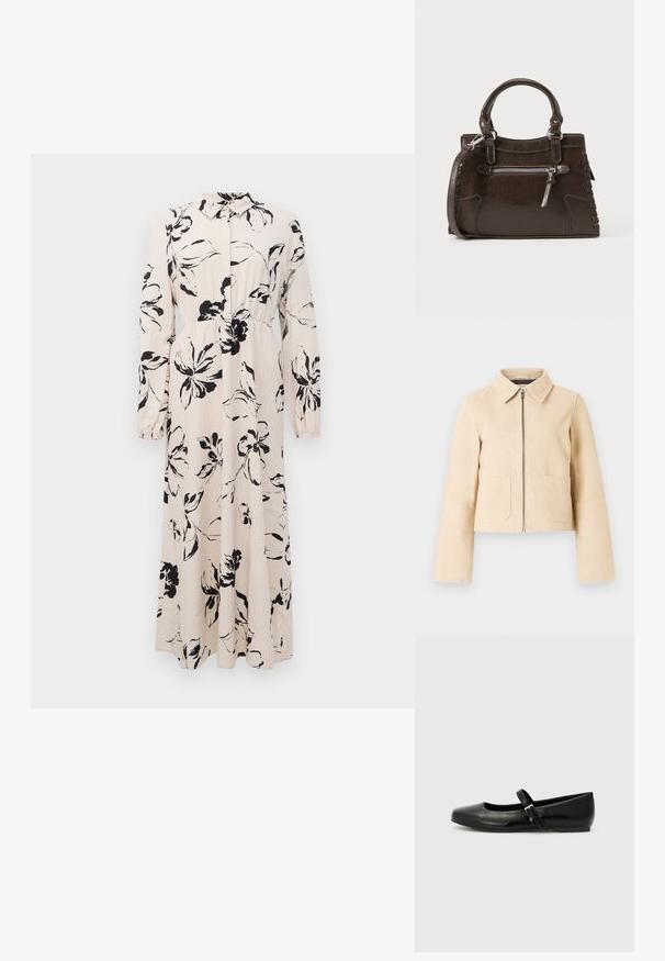 Beige cropped jack met lange mouwen, puntige kraag, rits aan de voorkant en twee voorzakken op een lichte achtergrond.; Lange beige jurk met zwart bloemenpatroon, lange mouwen, geraffineerde taille en een kraag met knoopsluiting aan de voorkant.; Zwarte leren balletschoenen met een ronde neus, een platte zool en een dunne verstelbare band over de wreef met een metalen gesp.; Bruine leren handtas met bovenhandgrepen, ritssluiting aan de voorkant en geweven details aan de zijkanten. Gladde textuur en gestructureerde vorm.