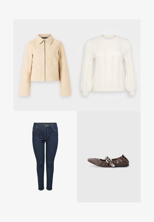 Beige cropped jakke med lange ærmer, spids krave, frontlynlås og to forlommer på en lys baggrund.; Hvid kabelstrikket sweater med lange ærmer, rundt halsudskæring, struktureret mønster og ribbede manchetter. Letvægtsmateriale med dekorative detaljer.; Mørkeblå denim skinny jeans med fem-lomme design, der har en knaplukning og sømadresser på sømmene. Glat tekstur, tætsiddende stil.; Brun lakeret flad sko med spids tå, elastisk sløjfedetalje og en sølvspændeaccent på siden. Sort gummisål.