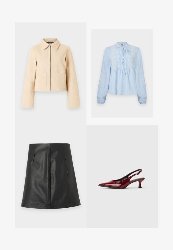 Veste courte beige à manches longues, col pointu, fermeture éclair à l'avant et deux poches plaquées sur le devant sur un fond clair.; Blouse bleu clair à manches longues avec rayures blanches verticales, patte de boutonnage à l'avant, col noué et broderie florale blanche sur la poitrine.; Mini-jupe trapèze en similicuir noir avec détails de couture avant sur fond blanc.; Escarpins à talons aiguilles en cuir verni bordeaux, avec un bout pointu et un élégant talon stiletto. Design à dos ouvert avec une sangle à la cheville réglable.