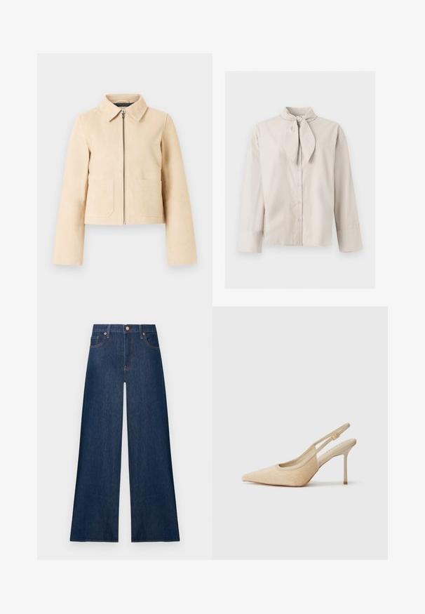 Beige kurze Jacke mit langen Ärmeln, spitzem Kragen, Vorderreißverschluss und zwei aufgesetzten Fronttaschen auf hellem Hintergrund.; Beige Langarm-Bluse mit Knopfleiste, gebundenem Halsdetail und breiten Manschetten an den Ärmeln, präsentiert auf einem schlichten hellen Hintergrund.; Dunkelblaue, weit geschnittene Jeans mit Knöpfen vorne und Taschen, vor einem schlichten hellen Hintergrund präsentiert.; Beige Slingback-Pumps mit spitzem Zehenbereich, aus strukturiertem Material, mit schlankem Absatz und verstellbarem Riemen.